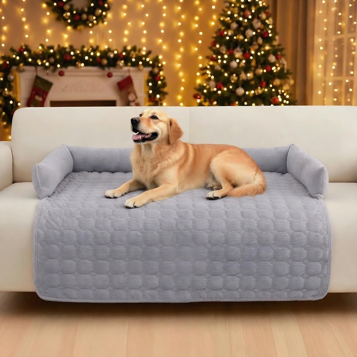 Premium Hondenbed - Bescherming voor honden op de bank, handgemaakt en wasbaar hondenkussen, pluche deken voor honden voor alle maten (Lichtgrijs koord, 90 x 90 cm)