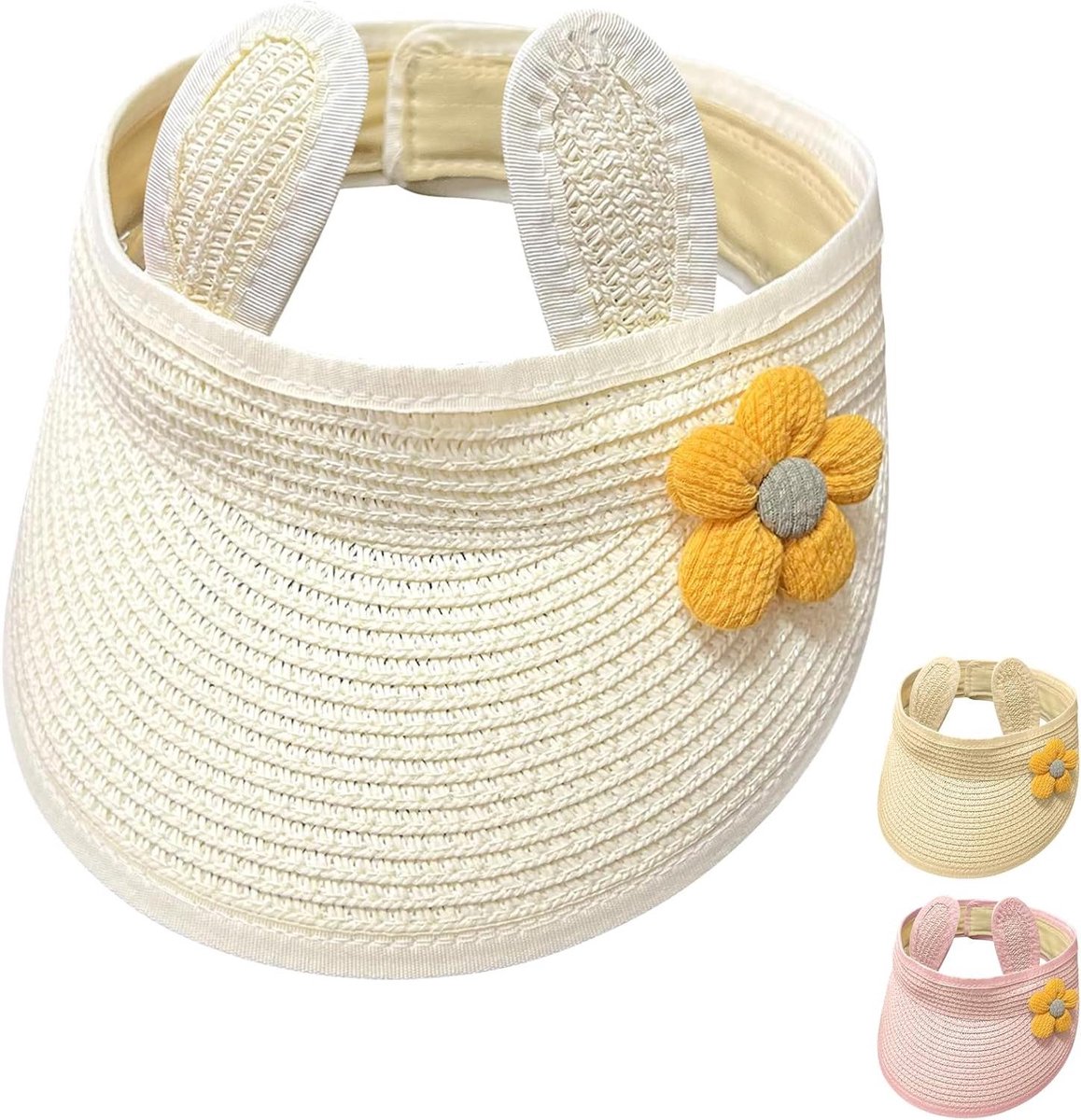 Baby Strohoed - Zonnehoed Meisjes - Strand Bescherming - Rolbaar Ontwerp - 45-50 cm - Wit/Beige/Roze