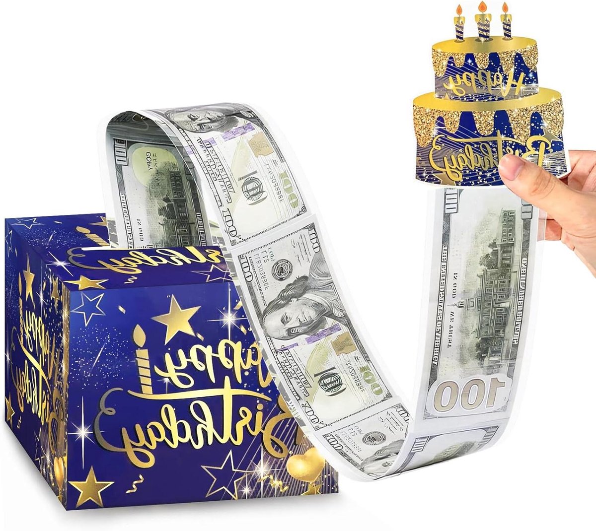 Spaarpot Geld Box - Geldkist Verjaardag - Cadeau Verrassen - DIY Geld Uittrekbaar - 13x13x11 cm - Zwart Blauw