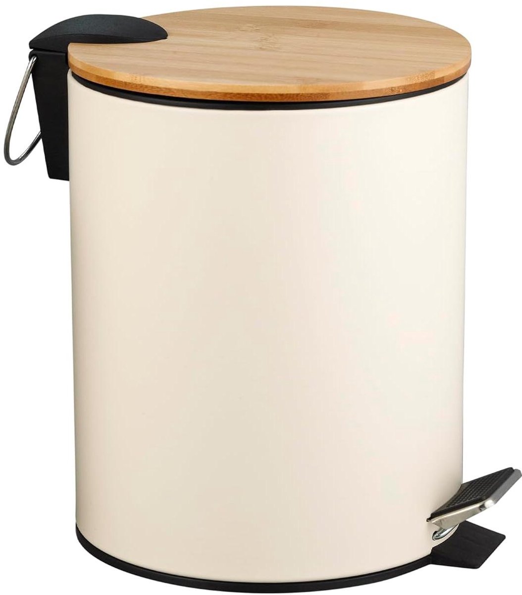 Pedaalemmer Badkamer - Afvalbak Rond - Hygiënisch Afval Weggooien - Handsfree Opening - 5 liter - Wit Bamboe