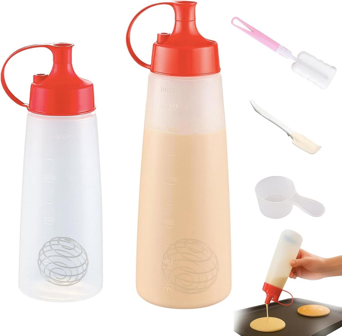 Pannenkoekenbeslag Flessenset - Beslag Mixer Dispenser - Beslag Maken Gieten - Inclusief Gardebal - 500 ml + 400 ml - Wit