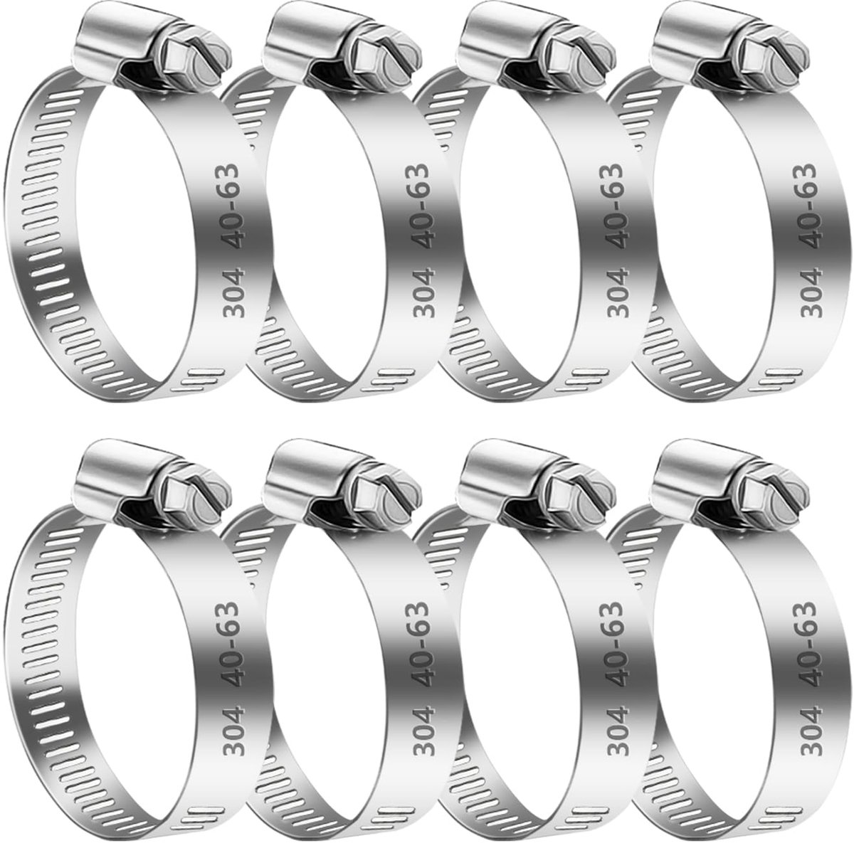 8 stuks roestvrijstalen slangklemmen, verstelbare slangklemmen 40-63 mm, metalen klemmen, klemmen voor pijpen, wasmachine, zwembadslang, pijpbevestiging