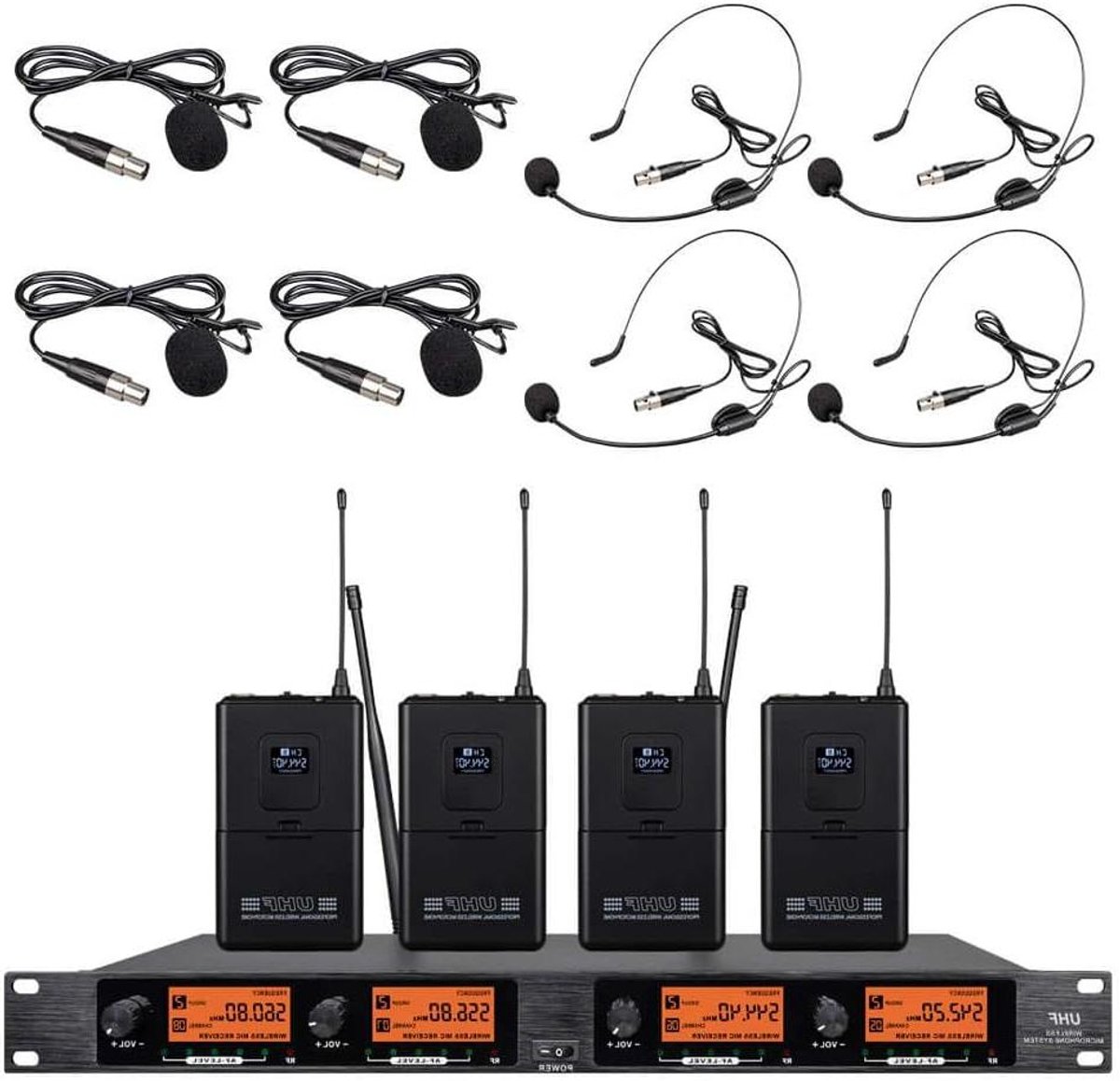 Draadloos Microfoonsysteem - UHF Microfoon Set - Karaoke en Presentaties - Vier Kanaals Ontvanger - 260 Voet Bereik - Zwart