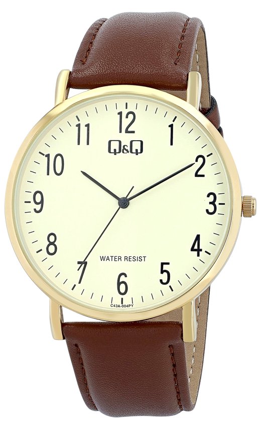 Gouden Q&Q horloge met beige wijzerplaat, zwarte cijfers, bruine leren band.
