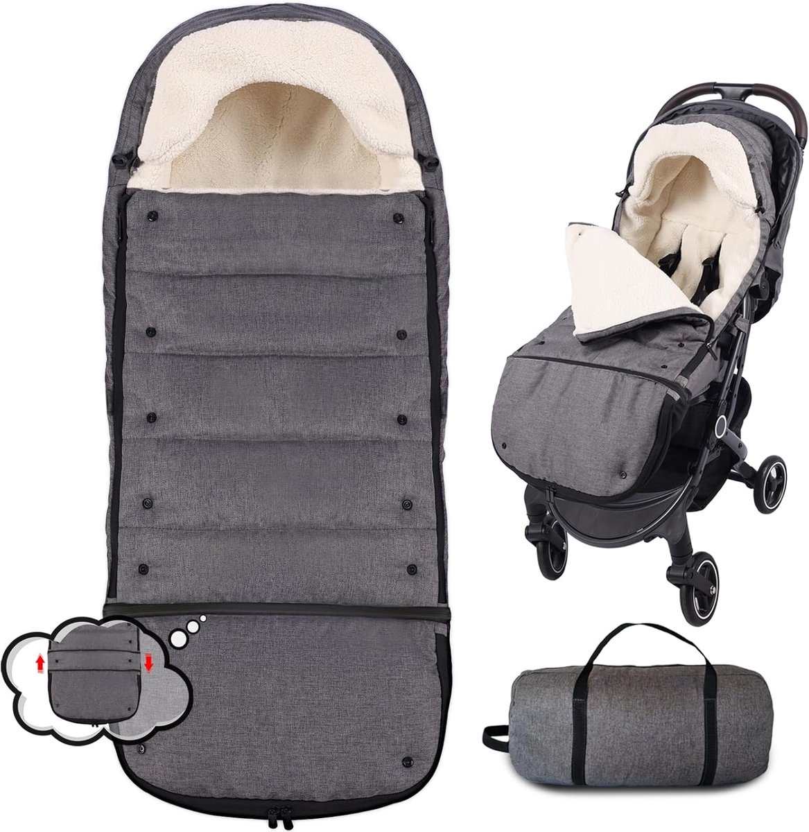 Kinderwagen voetenzak - Baby slaapzak - Warmte buiten - Verstelbare lengte - 110 cm lang - Grijs