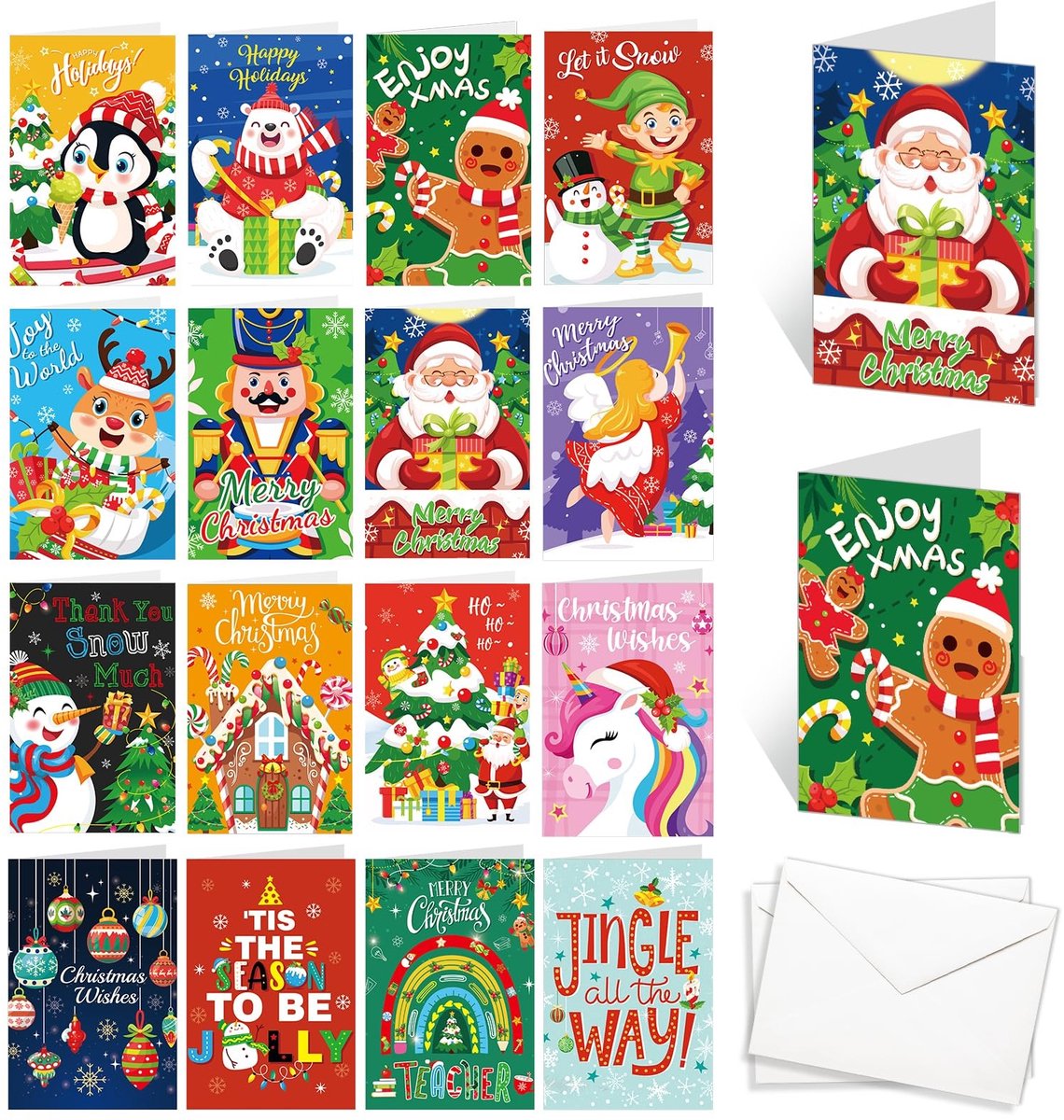 Dailygoods- Kerstkaarten Set 32 Stuks - Mini Kerstkaarten - Wenskaarten met Envelop - Veelkleurig - 16 Ontwerpen - 8 x 11 cm
