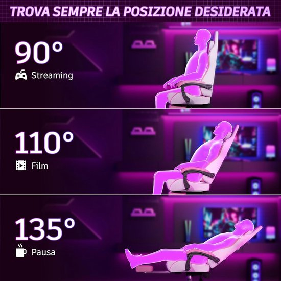 Comfortabele Roze Gamingstoel met Massagefunctie, Voetensteun en Hoofdkussen - Verstelbaar tot 135 Graden — afbeelding 5