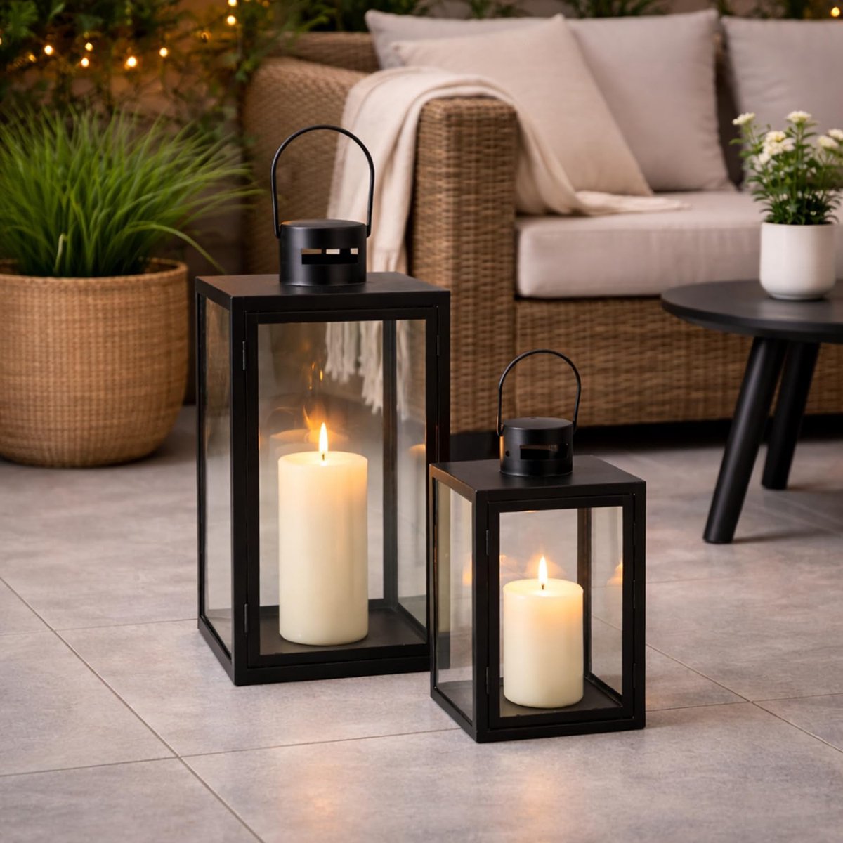 Tuinlantaarns Set - Windlichten Metaal - Buiten Decoratie - Weerbestendig Gepoedercoat - H41 cm - Zwart