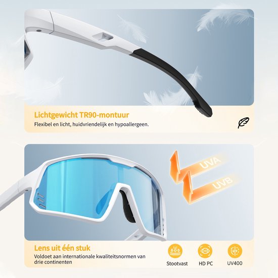 Witte sportbril met blauwe spiegelende lenzen en zwart accent op de pootjes. Lichtgewicht TR90 montuur.