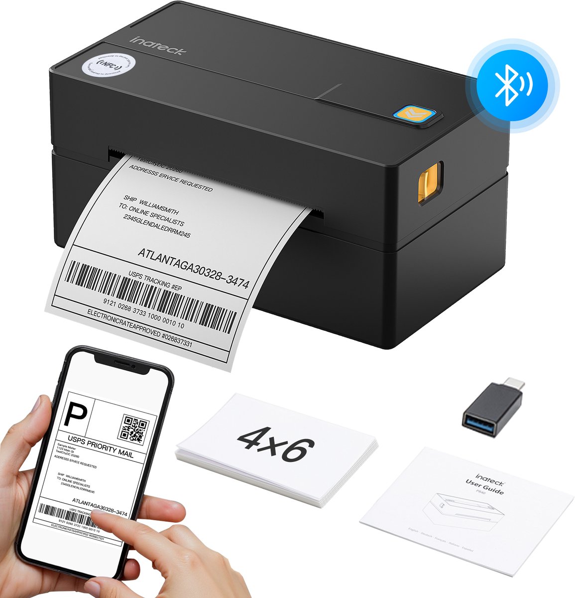 Inateck PR40 Thermische labelprinter, draadloos, 4 x 6, compatibel met iPhone, Android, iPad, Windows, MacOS, Chrome, USPS, zwart