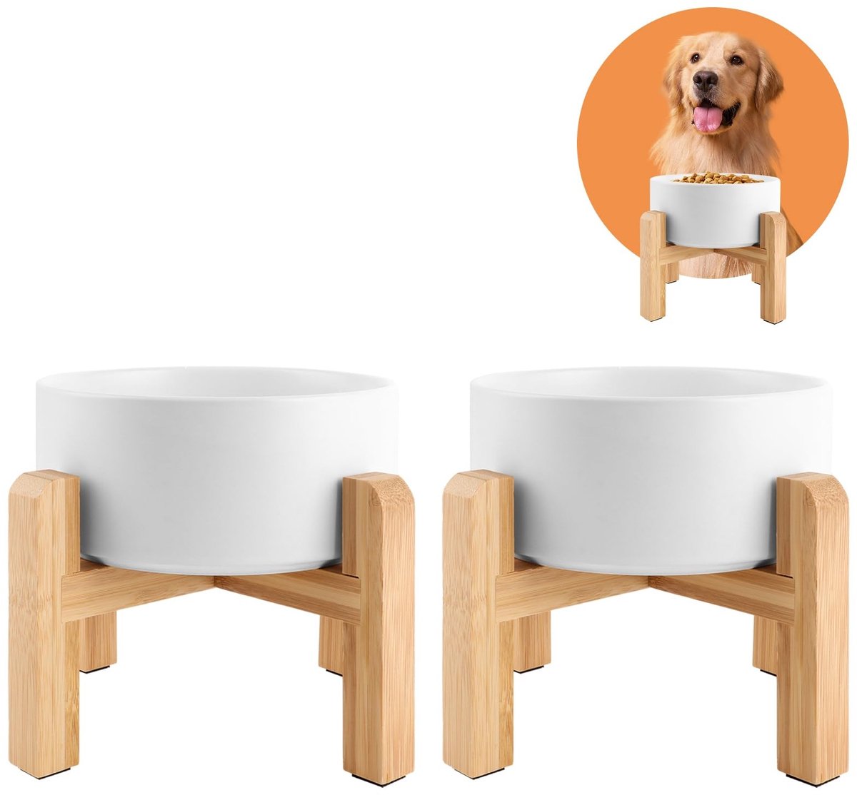 Dailygoods- Hondenetbak Verhoogd - Hondenvoerbak Keramisch - Bamboe Standaard - Antislipmat - Set van 2 - 400 ml - Voerbak