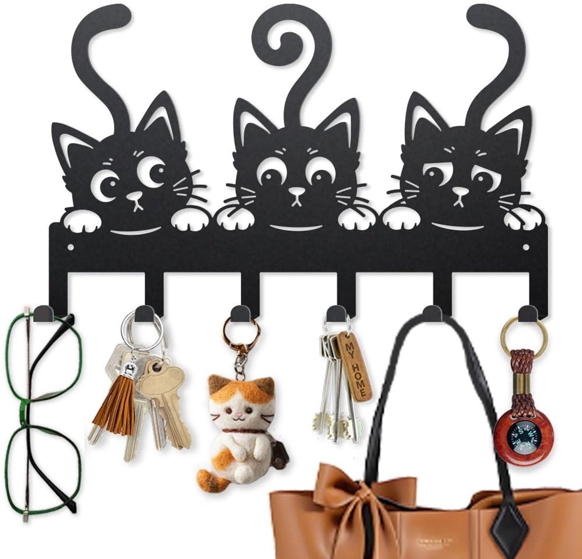 Dailygoods- Sleutelhanger Kattenvorm - Metalen Haak - Drie Kittens - Handdoek/Mantel Hanger - 40 x 25 cm - Origineel Ontwerp - Wandhaak