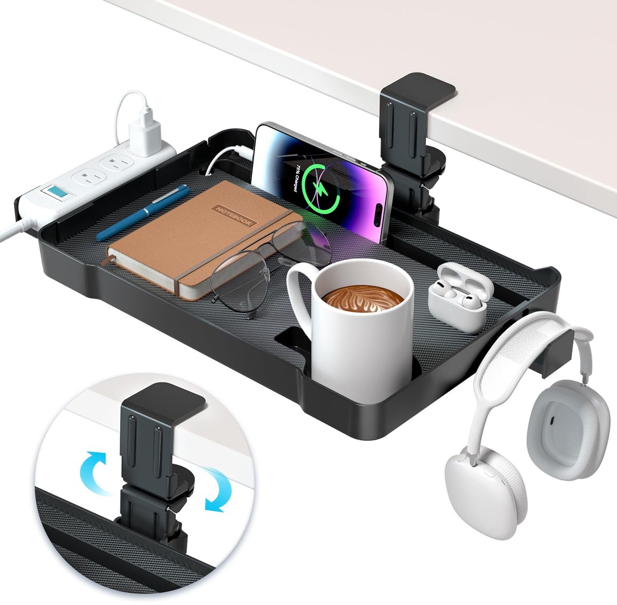 Dailygoods- Bureauorganizer 5-in-1 - Onderbureau-organizer - Bekerhouder - Telefoon/tablethouder - Hoofdtelefoonhanger - Grote capaciteit 15x10 inch - Opberglade