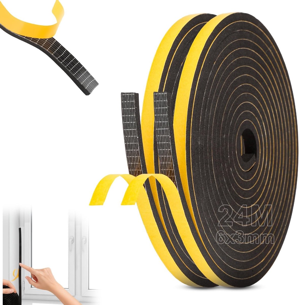 Dailygoods - 24 m schuimtape, zelfklevend, 4 stuks schuimrubber, afdichting, 6 x 3 mm, schuimtape, zwart, afdichtingstape, zelfklevend voor deuren, huishoudelijke apparaten, ventilatiesleuven (6 m / rollen