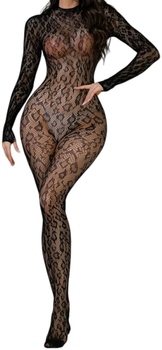 Bodystocking met luipaardpatroon - Transparante netstof - Lange mouwen - Open rug - Rekbare stof XS-XL - Sexy lingerie - Catsuit