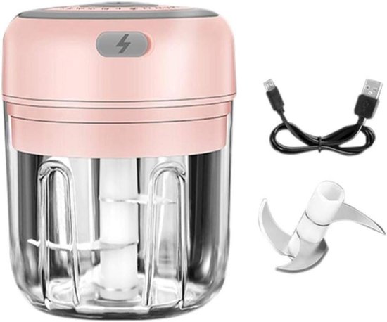 Roze mini hakker met transparante container, USB-kabel en een metalen mes.