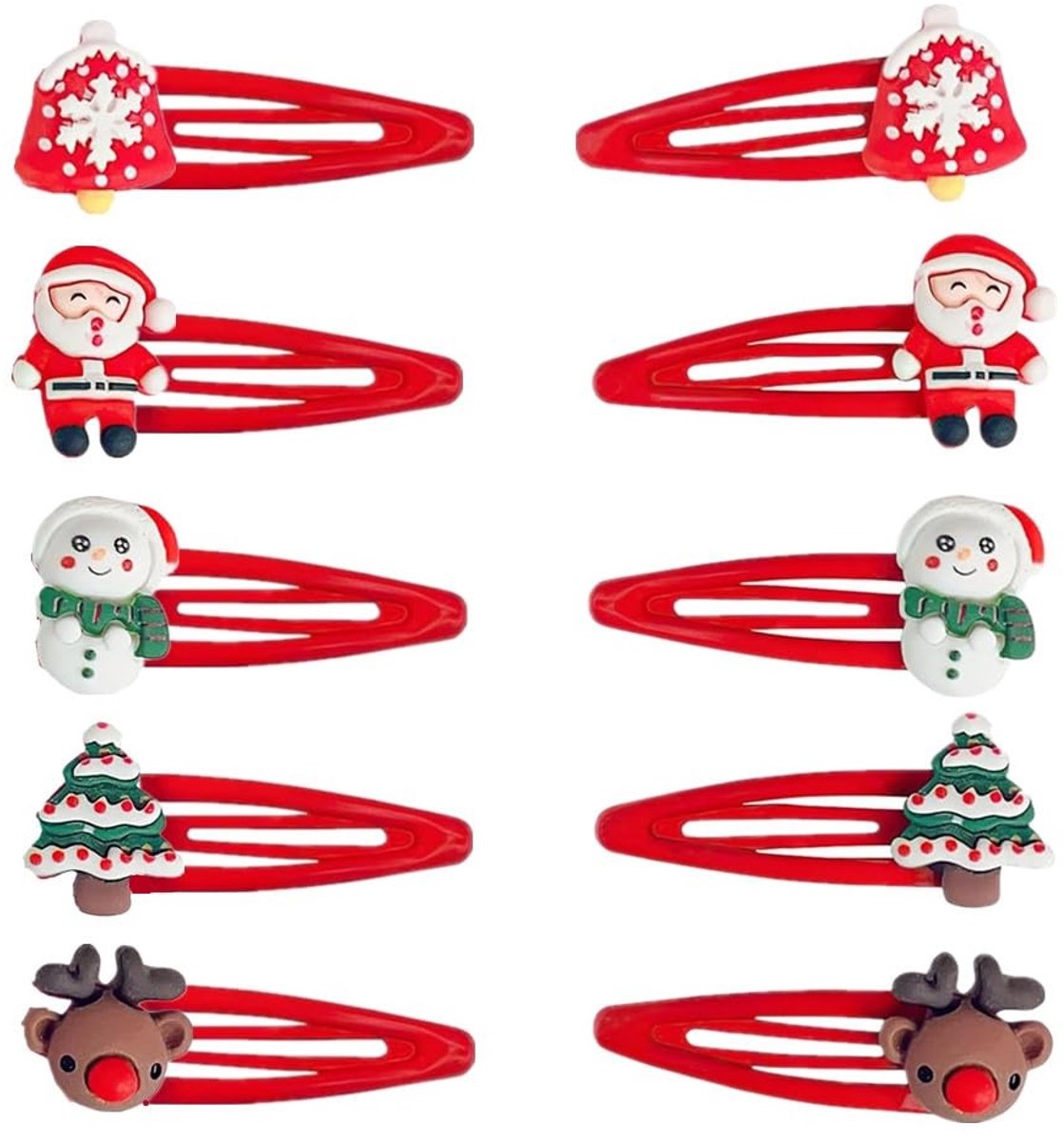 Dailygoods- Haarclips 10PK - Feestelijke Accessoires - Kerstman/Rudolf/Sneeuwman/Kerstboom/Klokken - 5 Paar - Kleurige Haaraccessoires
