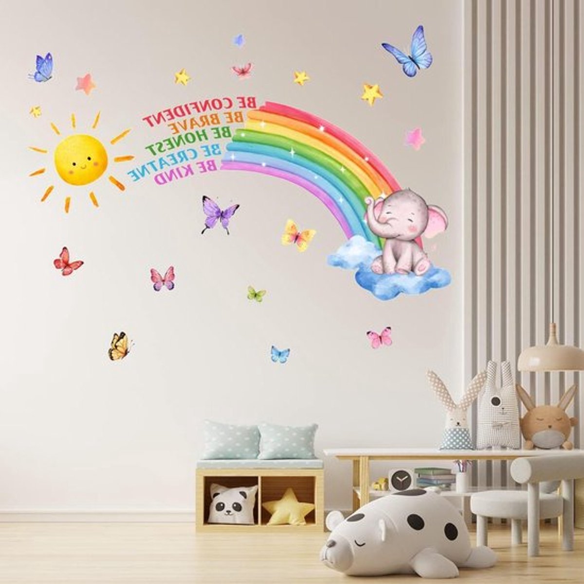 Regenboog Dieren Muursticker, Cartoon Olifant Behang voor Slaapkamer, Kinderdagverblijf en Babykamer