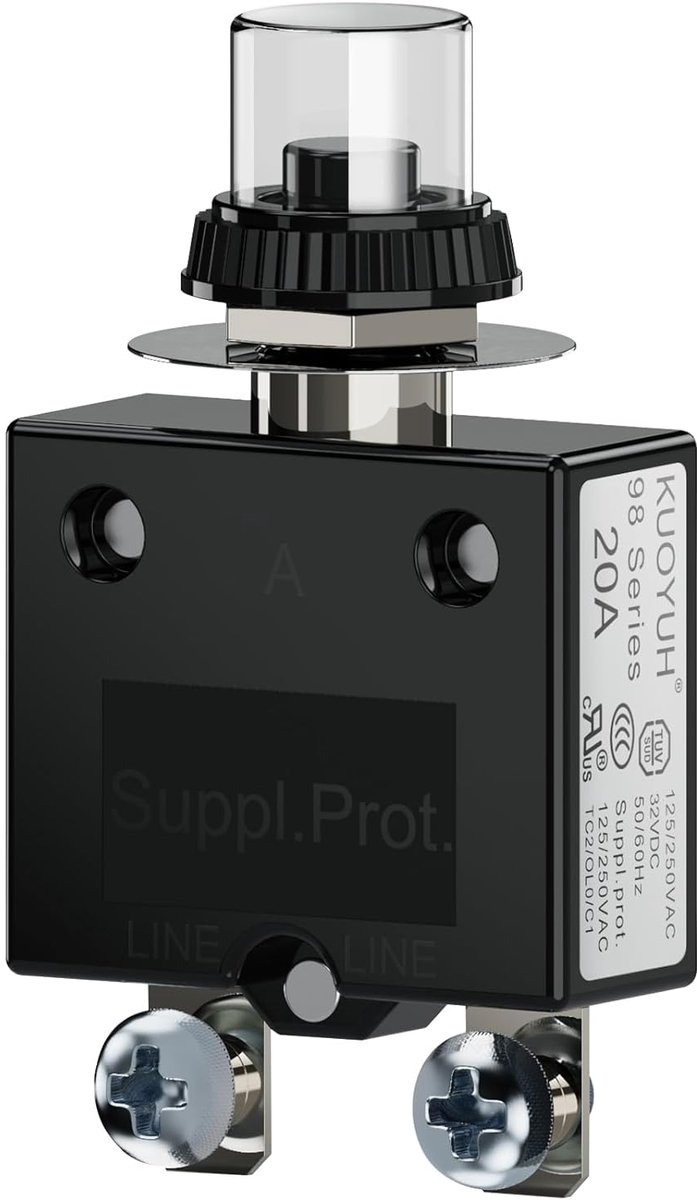 Thermische stroomonderbreker - Overbelastingsbeveiliging - Bescherming circuits - Drukknop reset - 20 A 250 V - Zwart