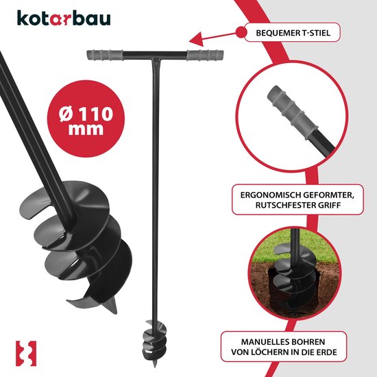 KOTARBAU® Handgrondboor, Palenboor, ⌀ 110 mm, Metaal, 115 cm, Zwart, Grondboor, Grondboor voor Hekpalen, Handboor voor Grond, T-Greep, Ergonomisch en Robuust, Tuinboor van KOTARBAU — afbeelding 4
