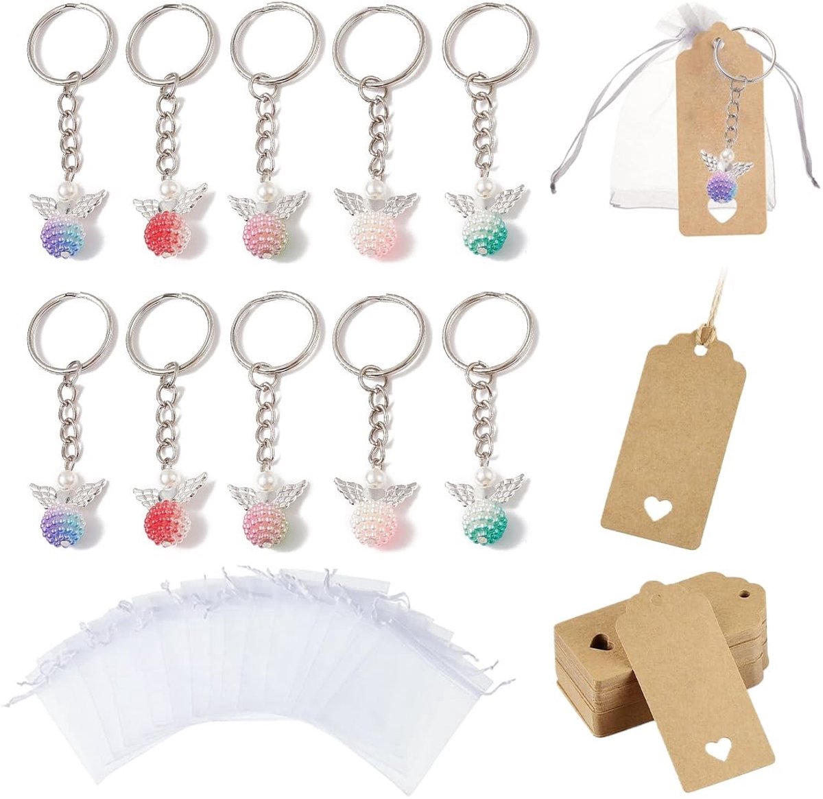 Dailygoods- Beschermengel-hanger 10 stuks - Mini-kleurrijke Parels - Hoekornamenten - Sleutelhanger - Geschenken voor Bruiloft - Inclusief Organza-zakjes - Engelhanger