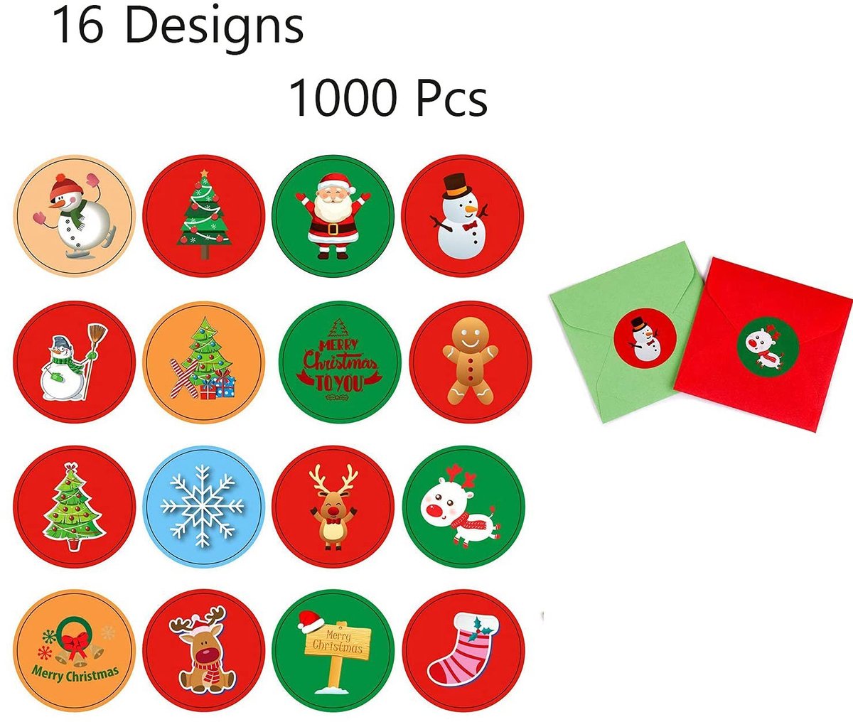 Dailygoods- Kerststickers 1000 Stuks - Cadeaustickers - Zelfklevende Etiketten - Decoratieve Dagstickers - Ronde Stickers 25 mm - Gecoat Papier - Cadeaulabels