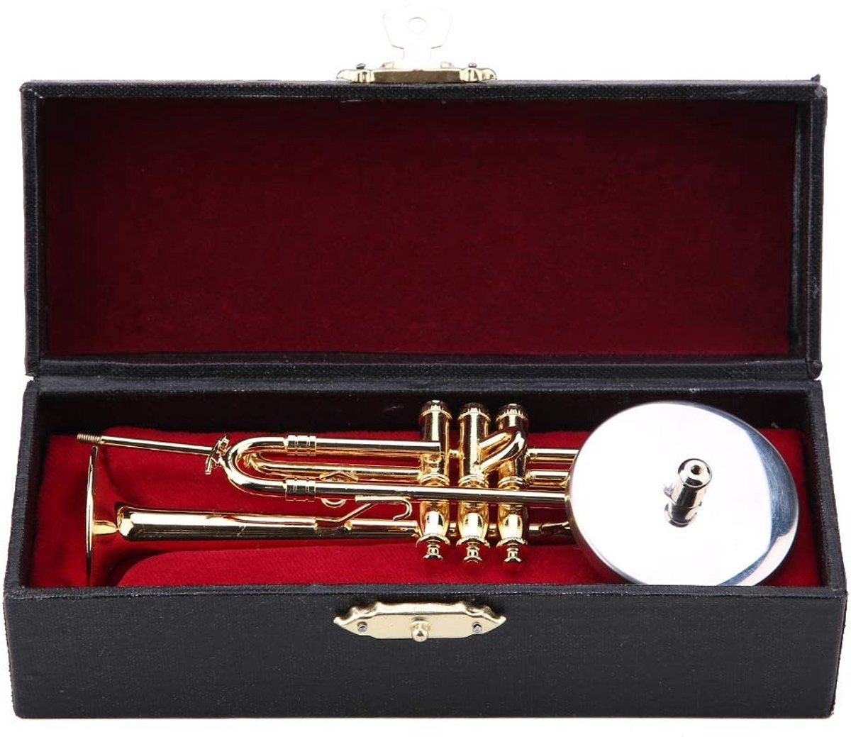 Dailygoods- Miniatuur Trompet Gouden Replica - Muziekinstrument Model - Houten Kist - Standaard - Messing - Hoogwaardig Ornament - Muziekmodel