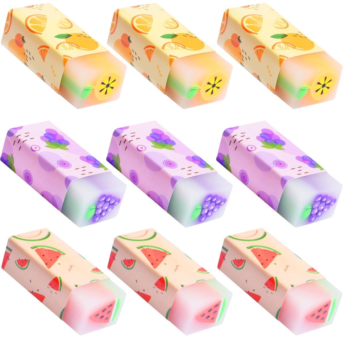 Dailygoods - Gum voor kinderen, 9 fruitgummen, fruitsmaak, geurende gummetset, cadeautje voor kinderverjaardag, kantoorbenodigdheden, schrijfwaren voor school, thuis, kantoor