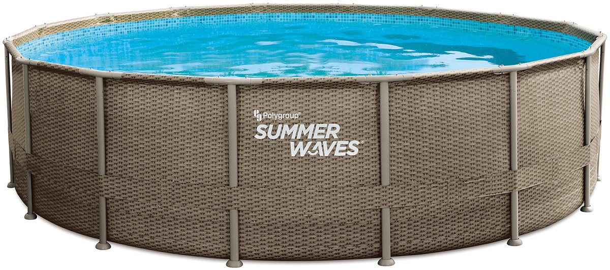 Summer Waves frame zwembad premium rond weave - ⌀488 x 122 cm - zwembaden - inclusief zandpompfilter - ladder - grondzeil - afdekzeil - onderhoudsset