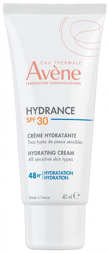 Witte tube Avene Hydrance SPF 30 crème met tekst 'CREME HYDRATANTE', 'HYDRATING CREAM', '48H HYDRATATION'.