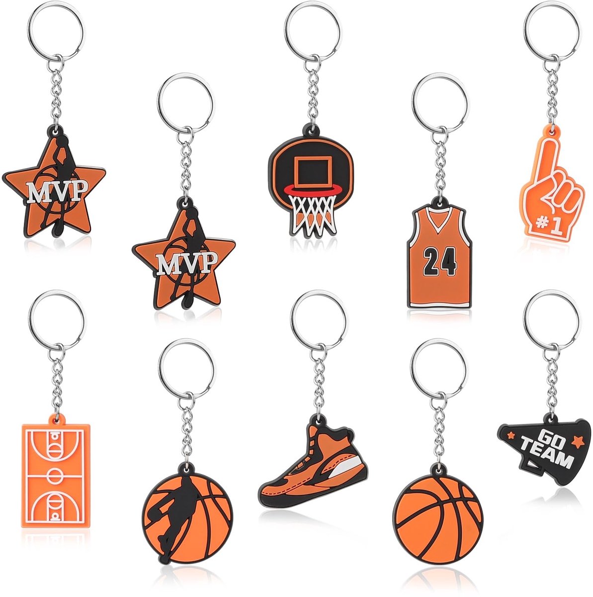 Dailygoods- Sleutelhanger Basketbal - 10 x Sleutelhangers - Sportaccessoires - Milieuvriendelijk PVC - Metalen Ring - Feloranje Kleur