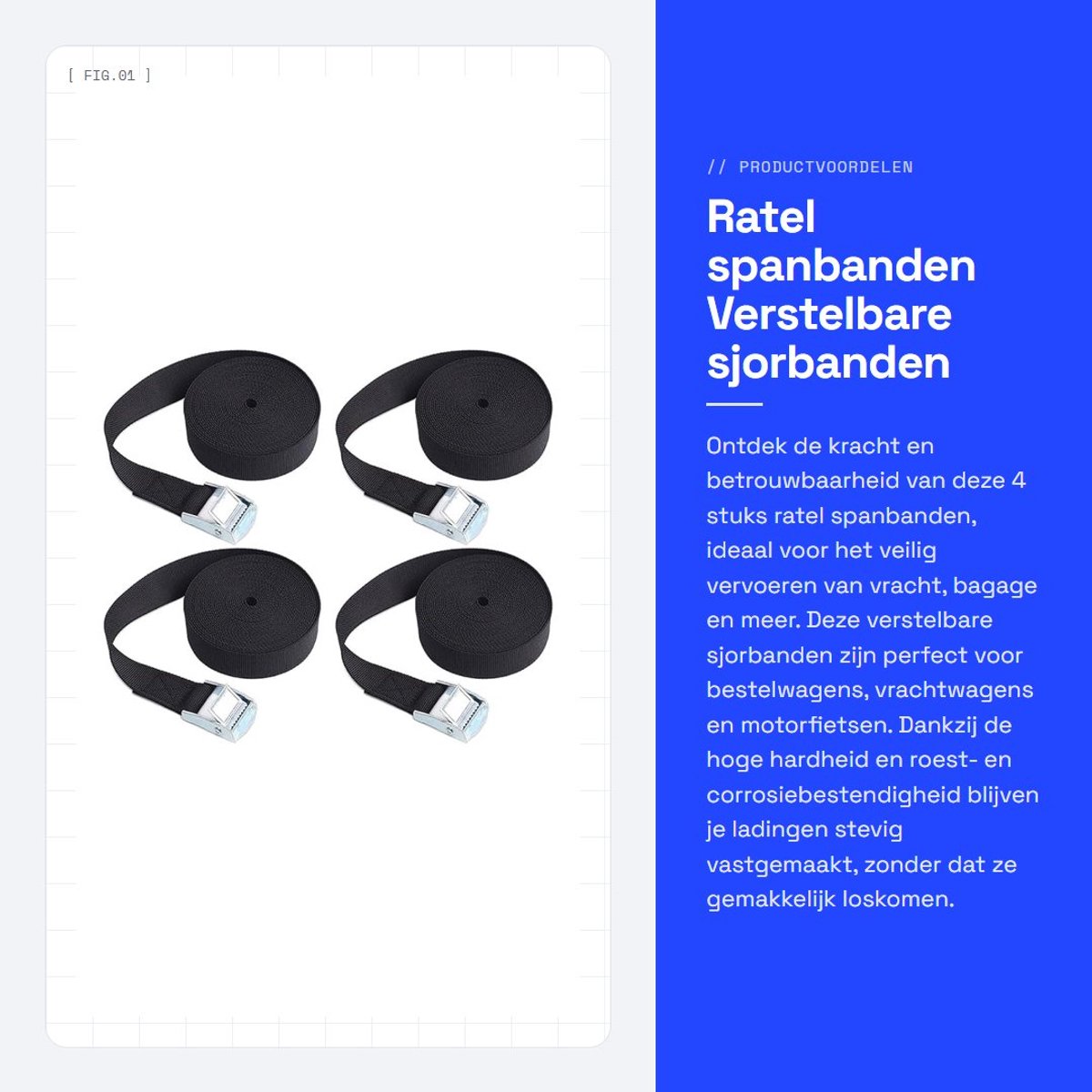 Dailygoods- Spanbanden 4 Stuks - Ratelspanbanden 5 m x 50 mm - Verstelbare Sjorbanden - Roestbestendig - Lichtgewicht - Hoge Trekkracht