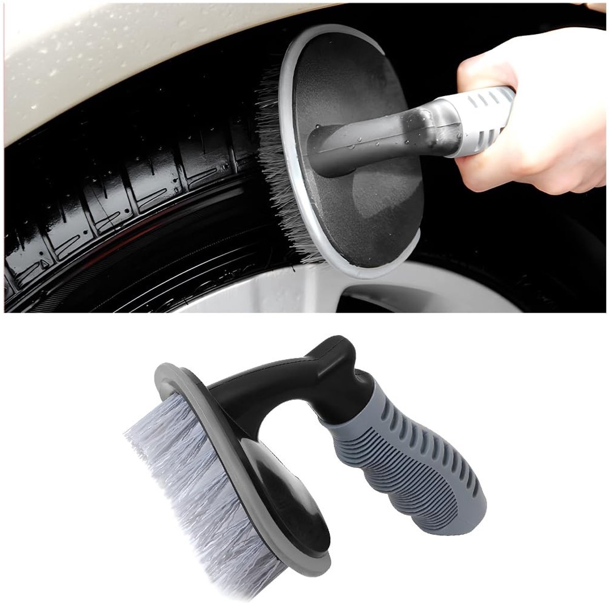 Dailygoods - Autobandenborstel - Wielreiniger Borstel - T-vorm - Grijs - Velgenborstel - Reiniging van velgen en banden - Geschikt voor motorfiets - 2...