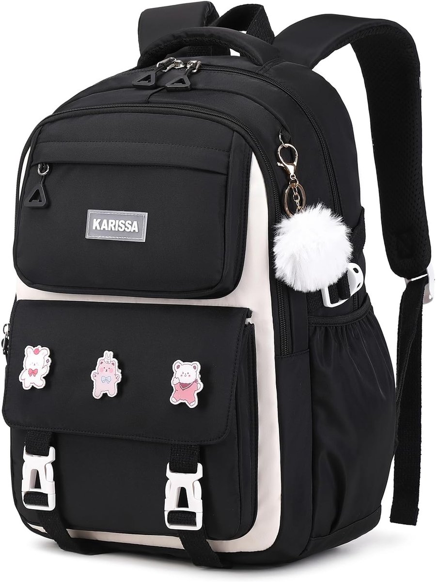 YAGXIG Rugzak voor meisjes - Lichtgewicht kinderrugzak - Schooltas voor meisjes - Geschikt voor basisschoolleerlingen - Zwart - Groot formaat - Cadeau voor de start van het schooljaar