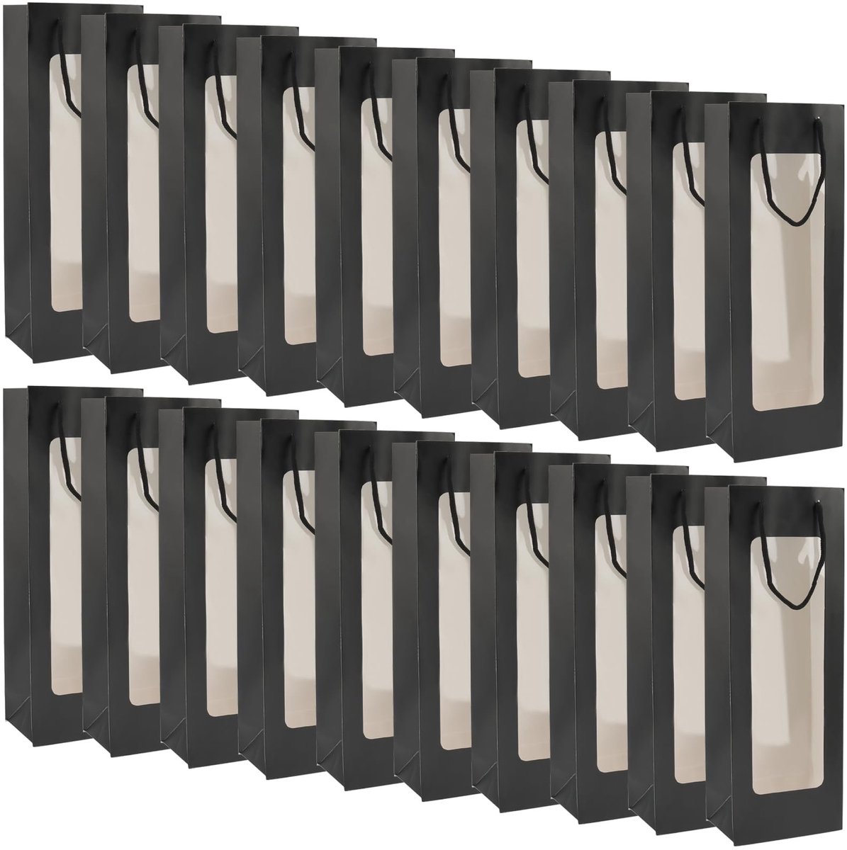 Dailygoods- Wijn Geschenktas Set van 20 - Zwarte Wijnzakken - Kraftpapier - Transparant Venster - Handgrepen - Perfect voor Cadeaus - Wijnzak