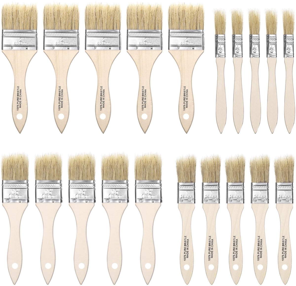 Dailygoods- Penselen Set 20 Stuks - Houten Handvat - Natuurlijke Haren - Breedte 15/25/35/50 mm - Perfect voor Schilderen - Ideaal voor Meubels en Hekken - Schilderkwasten
