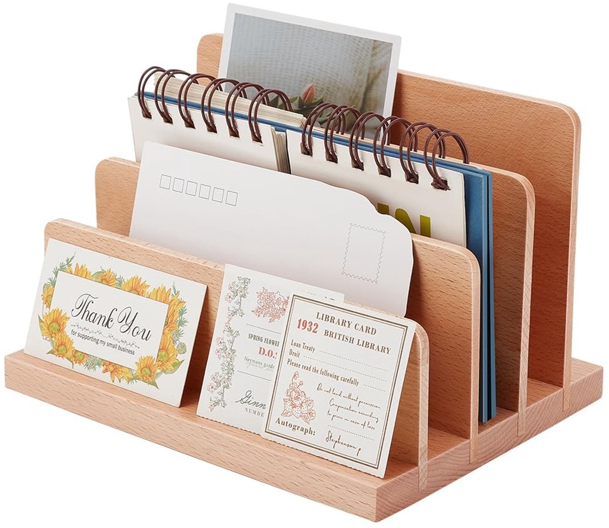 Dailygoods- Visitekaartjeshouder 4 Laags - Houten Kaarthouder - Fotohouder - Multifunctioneel - Afmetingen 20 x 15 x 13 cm - Geschikt voor Brochures - Kaartjeshouder