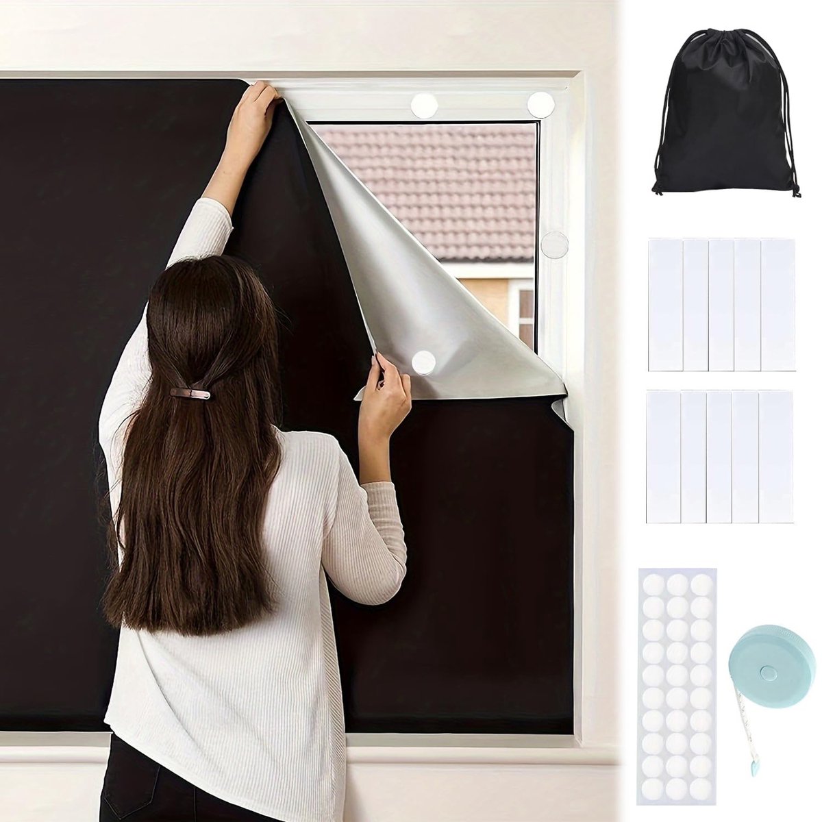 Dailygoods - Verduisterende folie, dakraam, verduistering, zonwering, verduisterend rolgordijn zonder boren, draagbare verduisteringsstof voor reizen, 145 x 150 cm, zwart