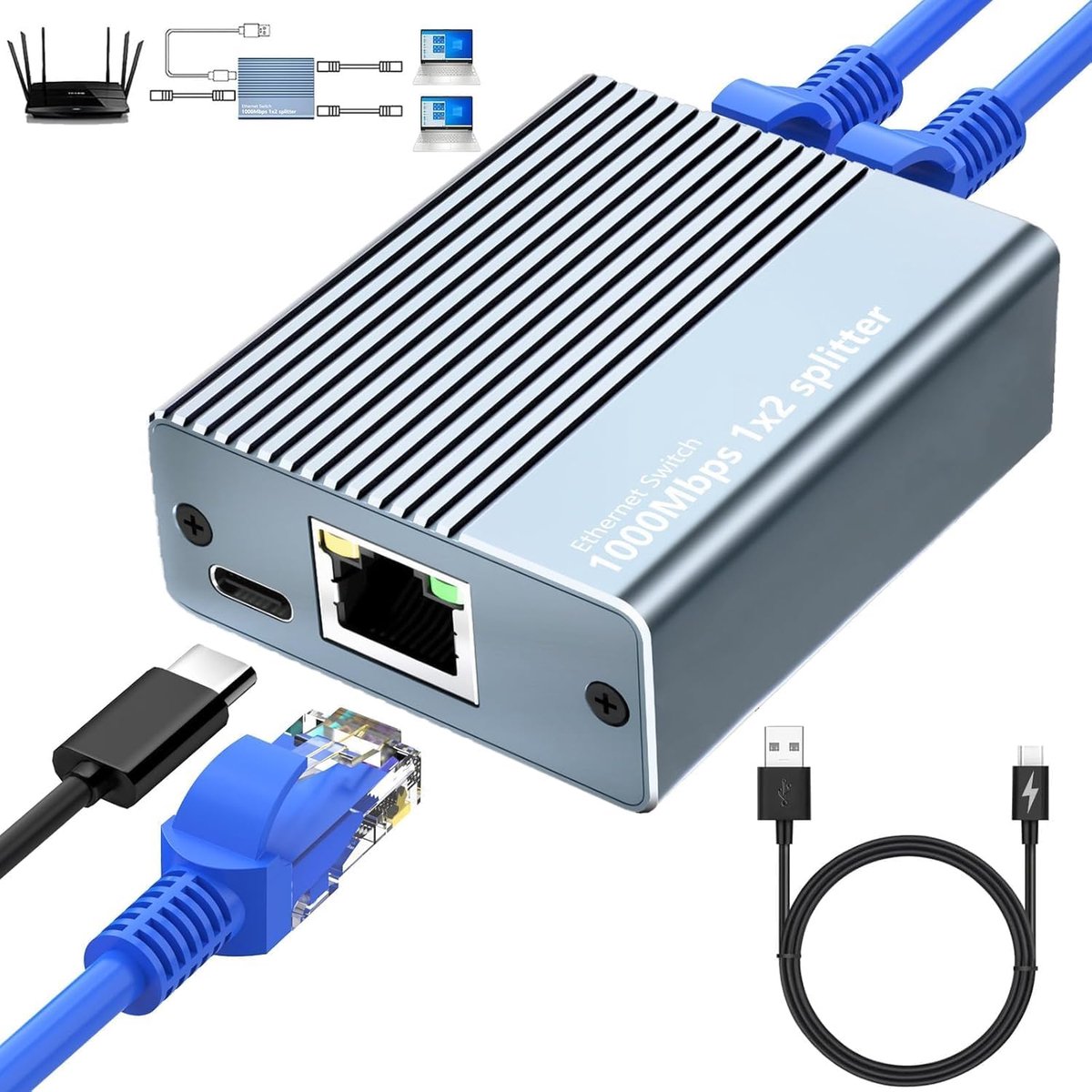 Ethernet Splitter 1 naar 2 - 1000Mbps Gigabit Switch met Type C Voedingskabel