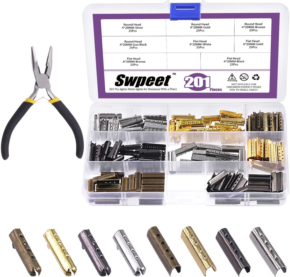 Dailygoods - Swpeet 201 stuks 3/4 inch, 20 mm, 4 kleuren, metalen aglets, veters, punten met platte neus, tang, assortiment kit, kopaglets, reservepunten, zilver, Small