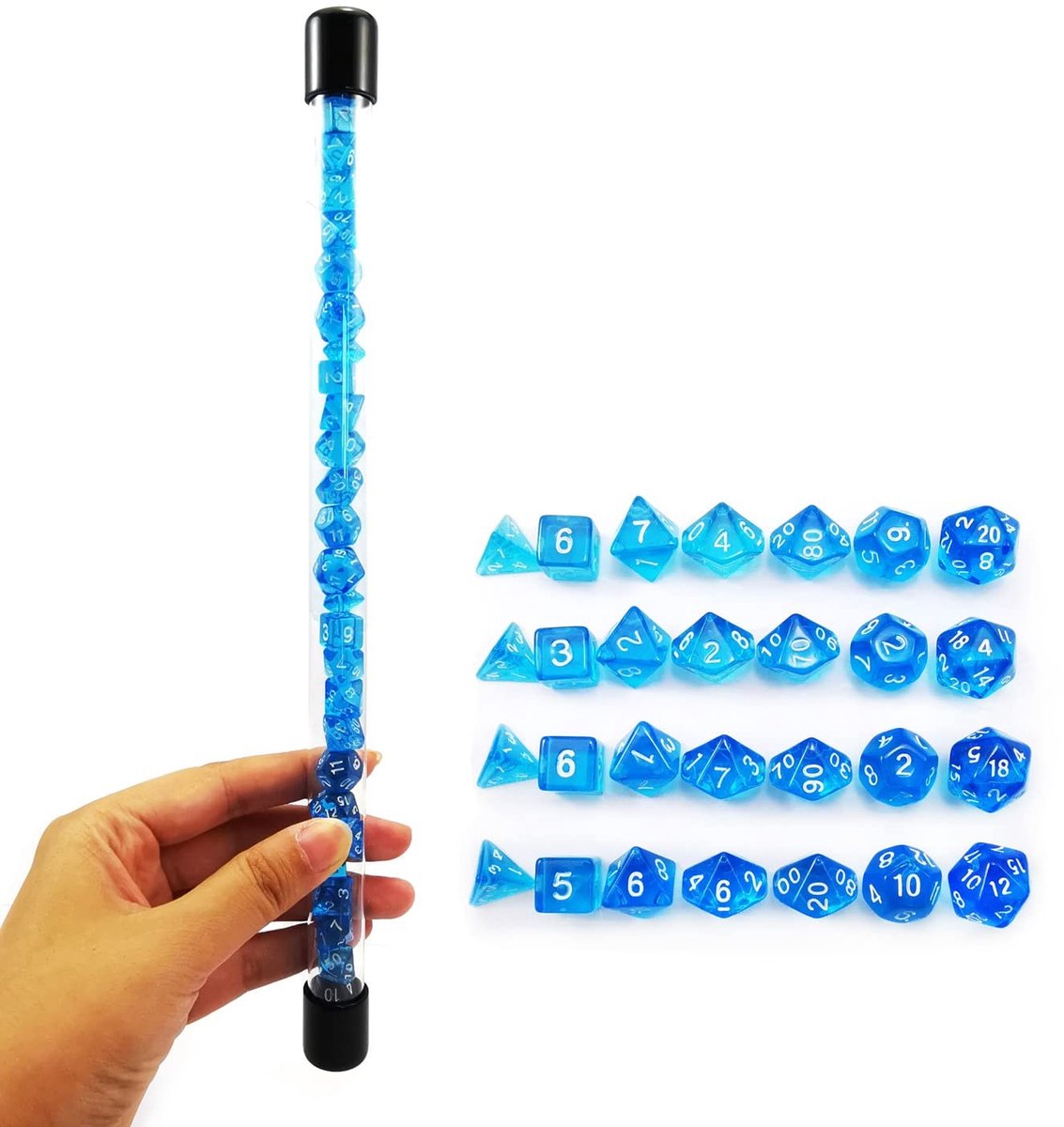 Dailygoods- Dobbelstenen Set 28 Stuks - Mini Polyhedral D4-D20 - Dungeons en Dragons - Doorschijnend Blauw - Reisvriendelijk - Inclusief Buis - RPG Dobbelstenen