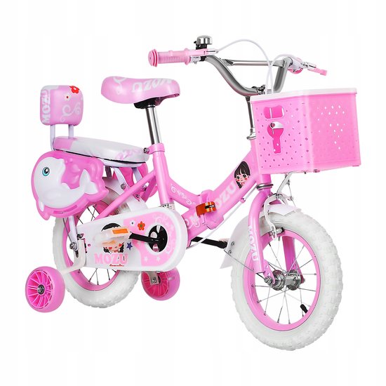 Roze kinderfiets met witte banden, mandje, zijwieltjes en walvisdecoratie. Zonder persoon.