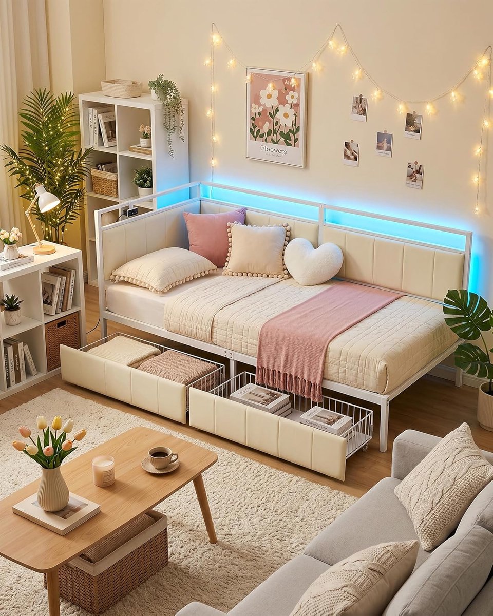 Jeugdbed Slaapbank - Dagbed Opbergruimte - Ontspannen Slapen - L-vorm Hoekdesign - 90 x 200 cm - Wit Beige