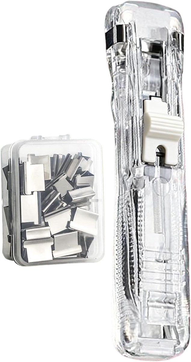 Draagbare Nietmachine - Mini Klem Dispenser - Documenten Bevestigen - Herbruikbare Clips - 9.1 x 5.3 x 3.2 cm - Transparant