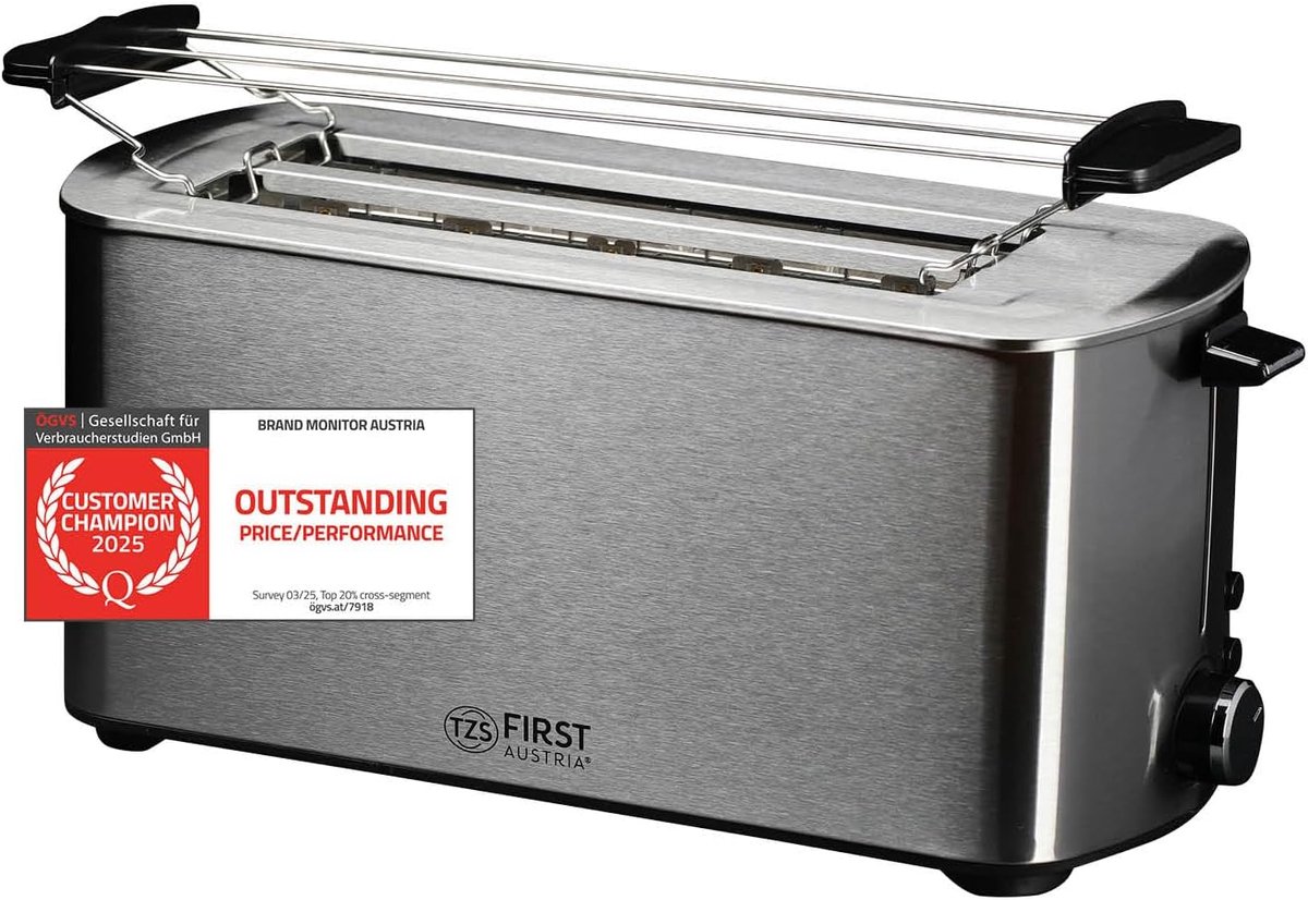Lange sleuf broodrooster - 4 sneden toaster - Ontbijt bereiden - Afneembaar broodjesopzetstuk - 1400 watt - Roestvrij staal