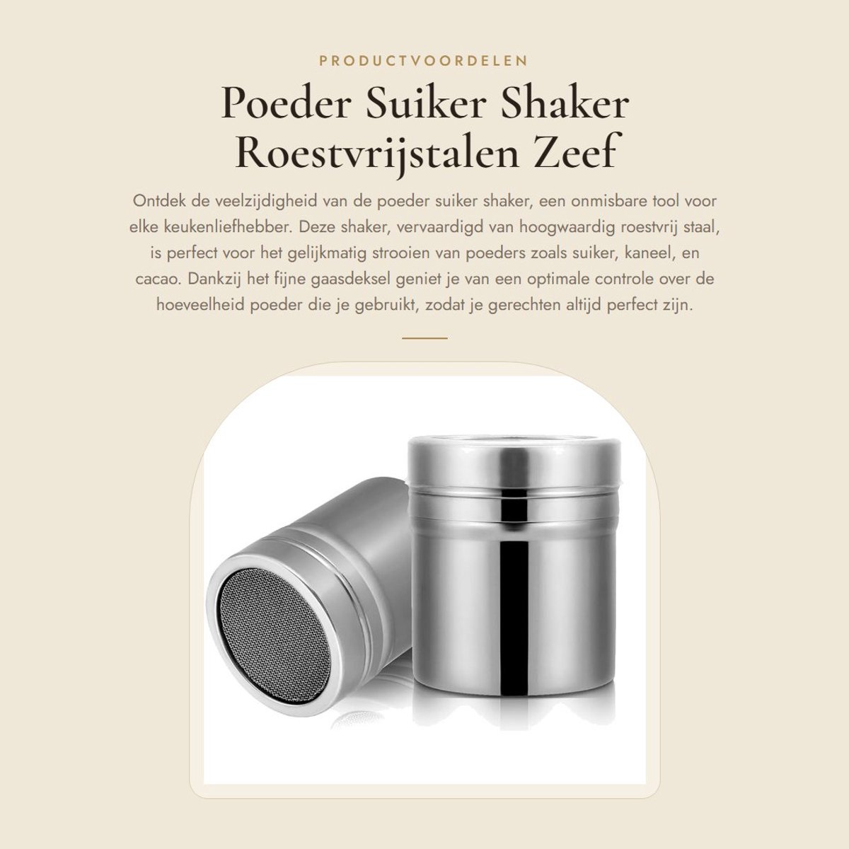 Dailygoods- Suiker Shaker Roestvrij Staal - Poeder Shaker - Zeefje - Deksel - Duurzaam - Fijnmazig Design - Poedersuikerzeef