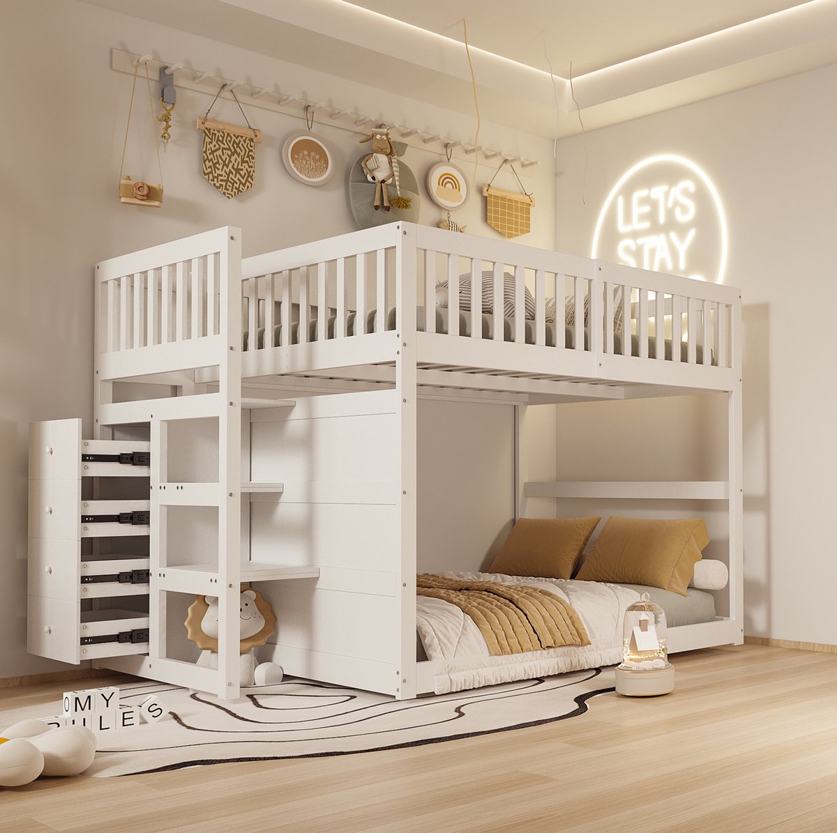 MEUNIQ stapelbed 140 x 200 cm met trap en 4 lades, hoge veiligheidshekken, laag kinderbed voor kinderkamer, houten bedframe, wit