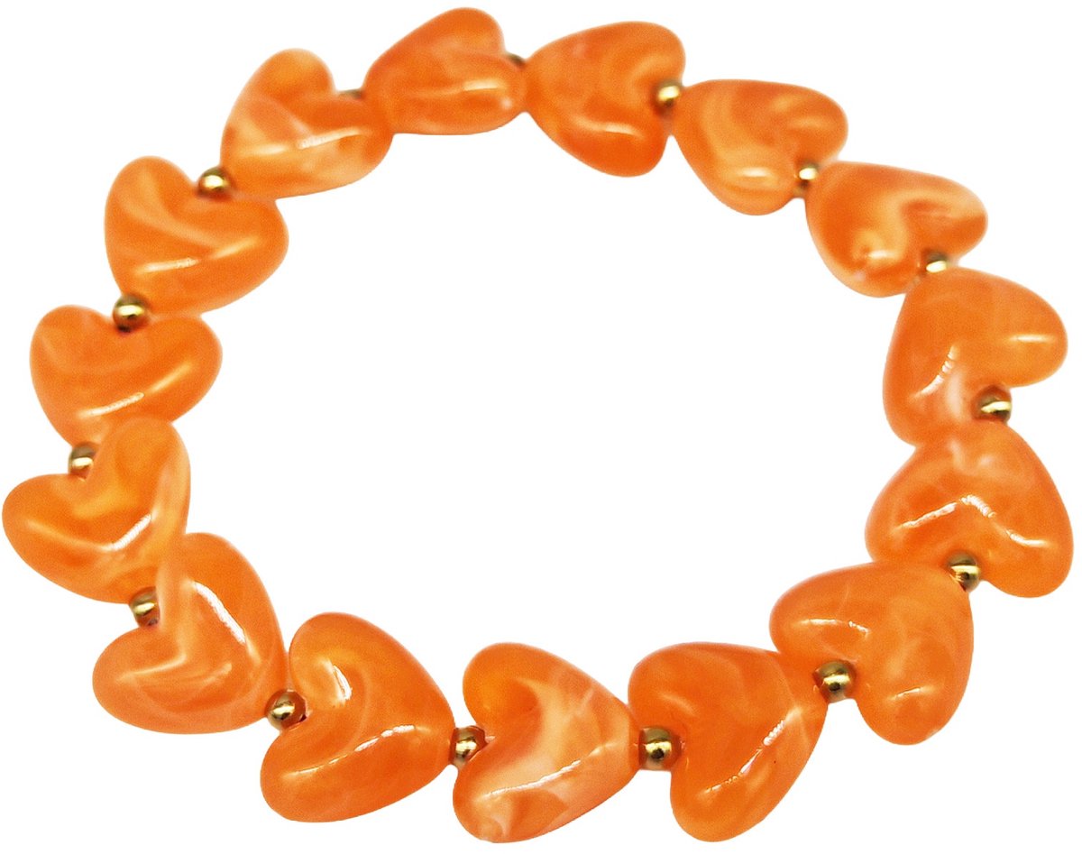 Elastische armband - RVS kralen - hartjes - oranje