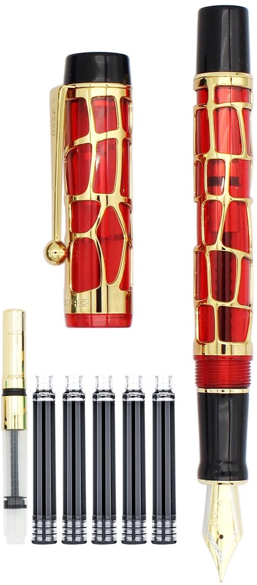 Dailygoods - Gullor Century 100 Vulpen, Skeleton Hollow-out Series Gouden, Schroefdop, Fijne Penpunt, Transparant Rood