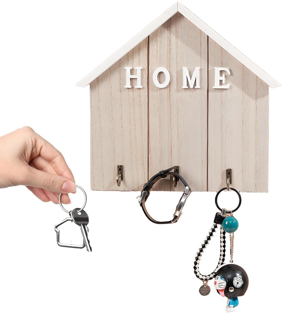 Dailygoods- Sleutelrek Modern - Sleutelhanger - Sleutelhouder Muur - Zelfklevend - Houten Sleutelrek - 21,5 x 22,5 cm - Duurzaam Hout en Metaal